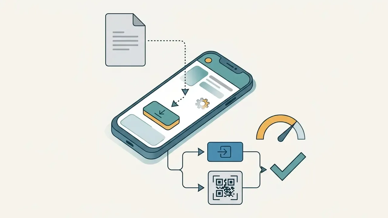 File importing into a smartphone app with QR code and button options to complete the conversion process