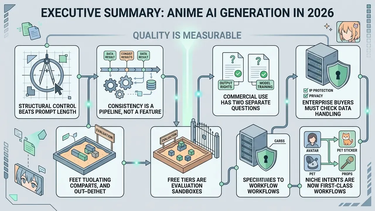 Flowchart outlining key considerations for anime AI art generation including structural control and workflows