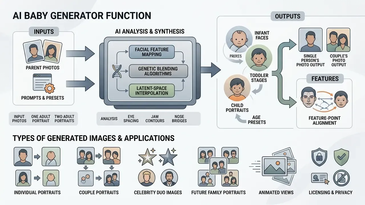 Infographic showing how an AI baby generator processes parent photos to synthesize child facial features