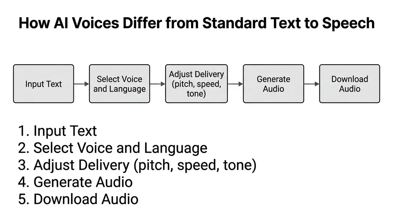 Five step sequence from text input and voice selection to audio generation and download