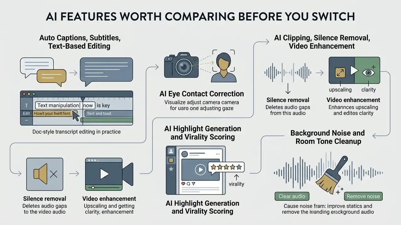 Flowchart detailing AI video editing capabilities like text-based editing, eye correction, and noise removal