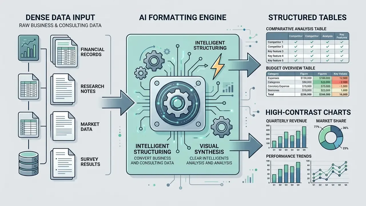 Raw business data inputs processed by an AI engine into structured tables and high-contrast charts
