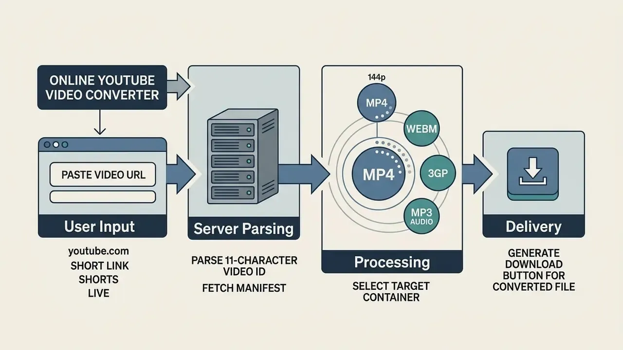 Flowchart showing user input, server parsing, file processing, and final download button delivery