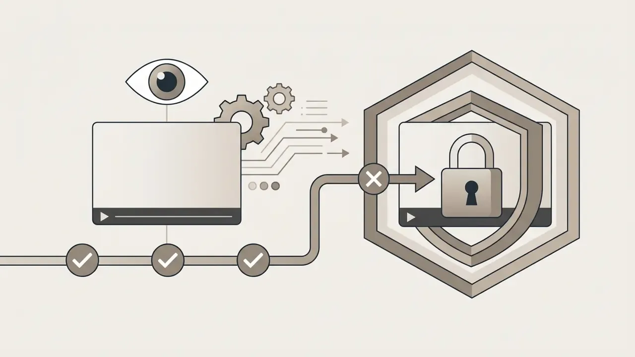 Open video player icon connecting to a shielded lock symbol representing restricted private content access