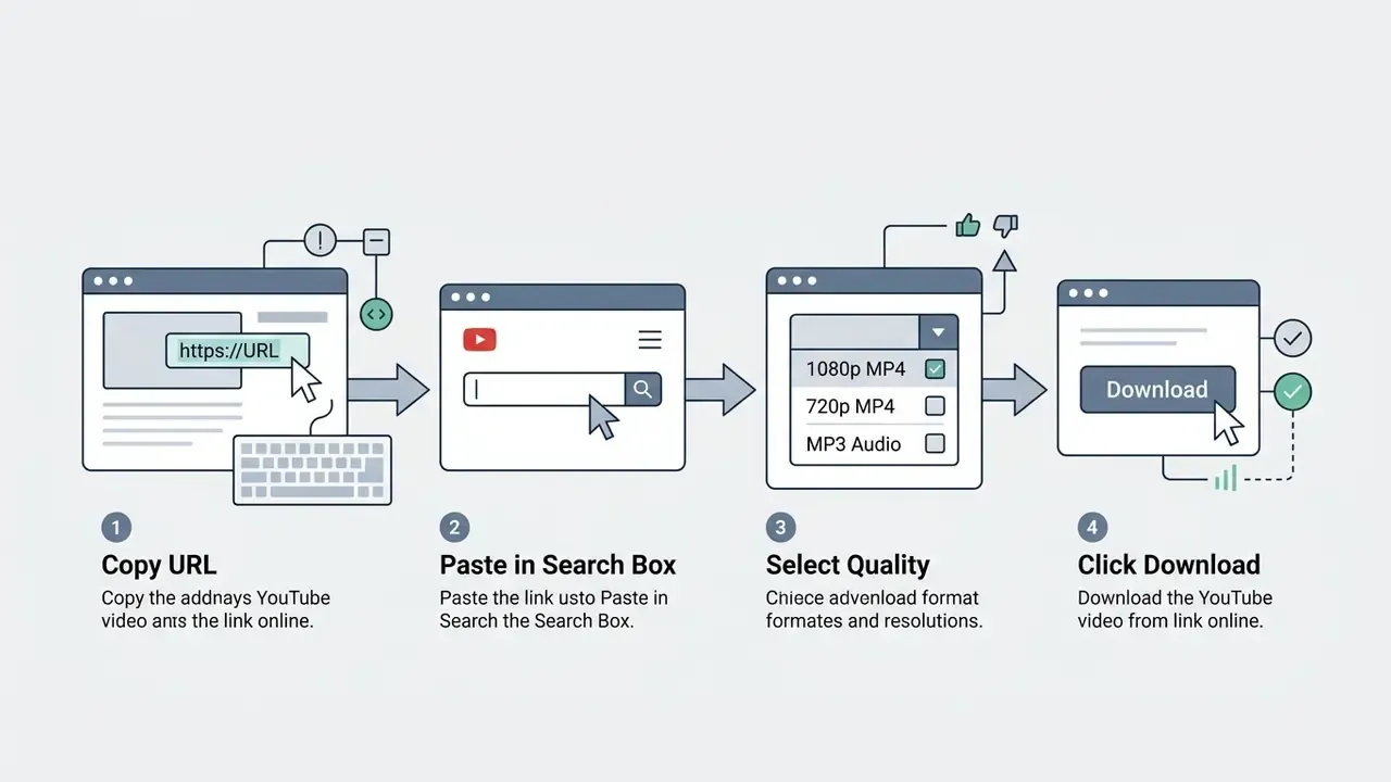 Four step flowchart showing how to copy a URL, paste it, select video quality, and click download