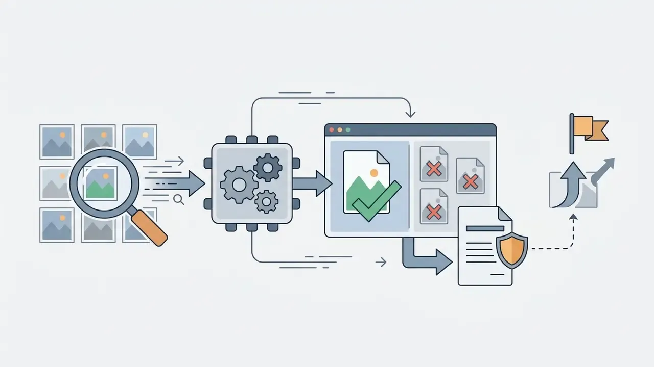 Magnifying glass scanning images to detect duplicates and trigger automated takedown requests