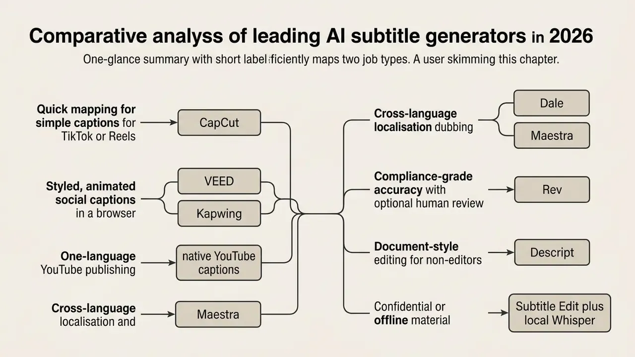 Flowchart mapping specific video captioning tasks to recommended software tools and platforms