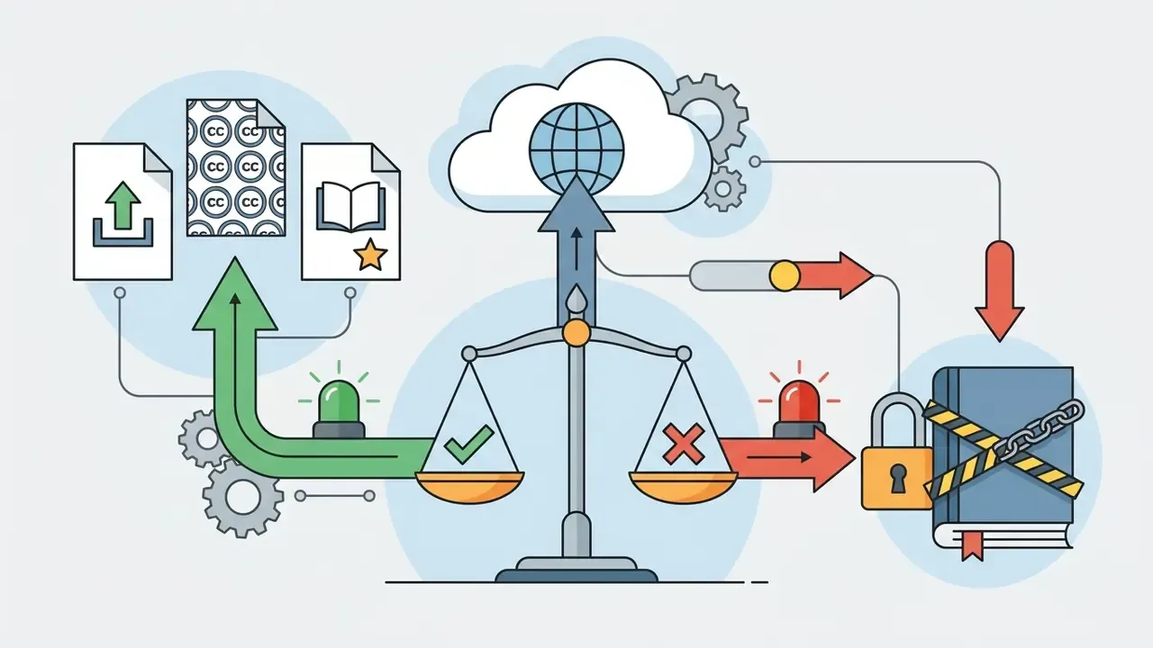 Balance scale showing legal content access on the left and restricted copyrighted material on the right