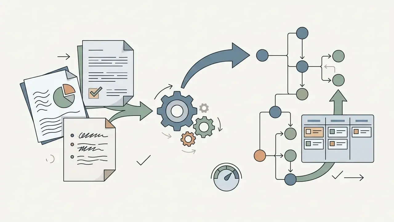 Reports and planning notes feeding into a gear mechanism to create a visual outline and task board