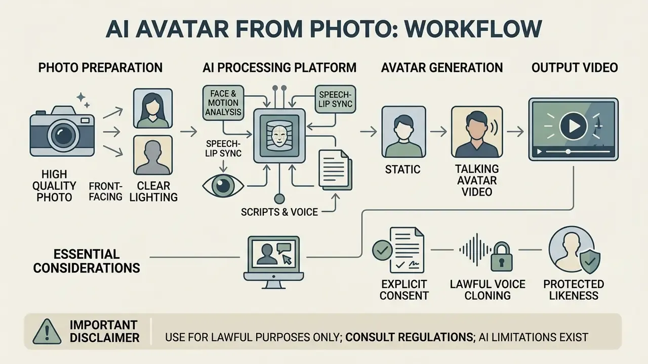 Diagram showing photo preparation, AI processing, avatar creation, and ethical compliance steps