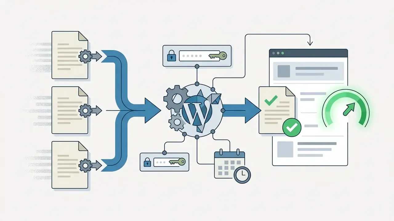 Files moving through a central WordPress hub with API keys and scheduling tools to reach a CMS interface