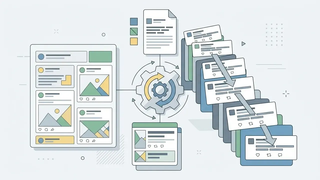 Gear mechanism transforming document inputs into a cascading sequence of social media post cards