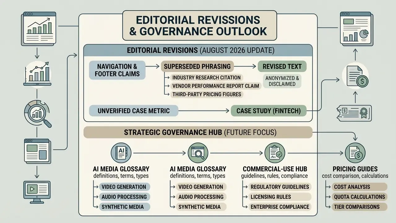 Diagram detailing editorial revisions for Pictory AI content alongside a strategic governance framework