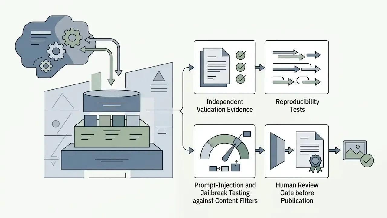 System of gears and data blocks feeding into validation steps for testing and human review of outputs