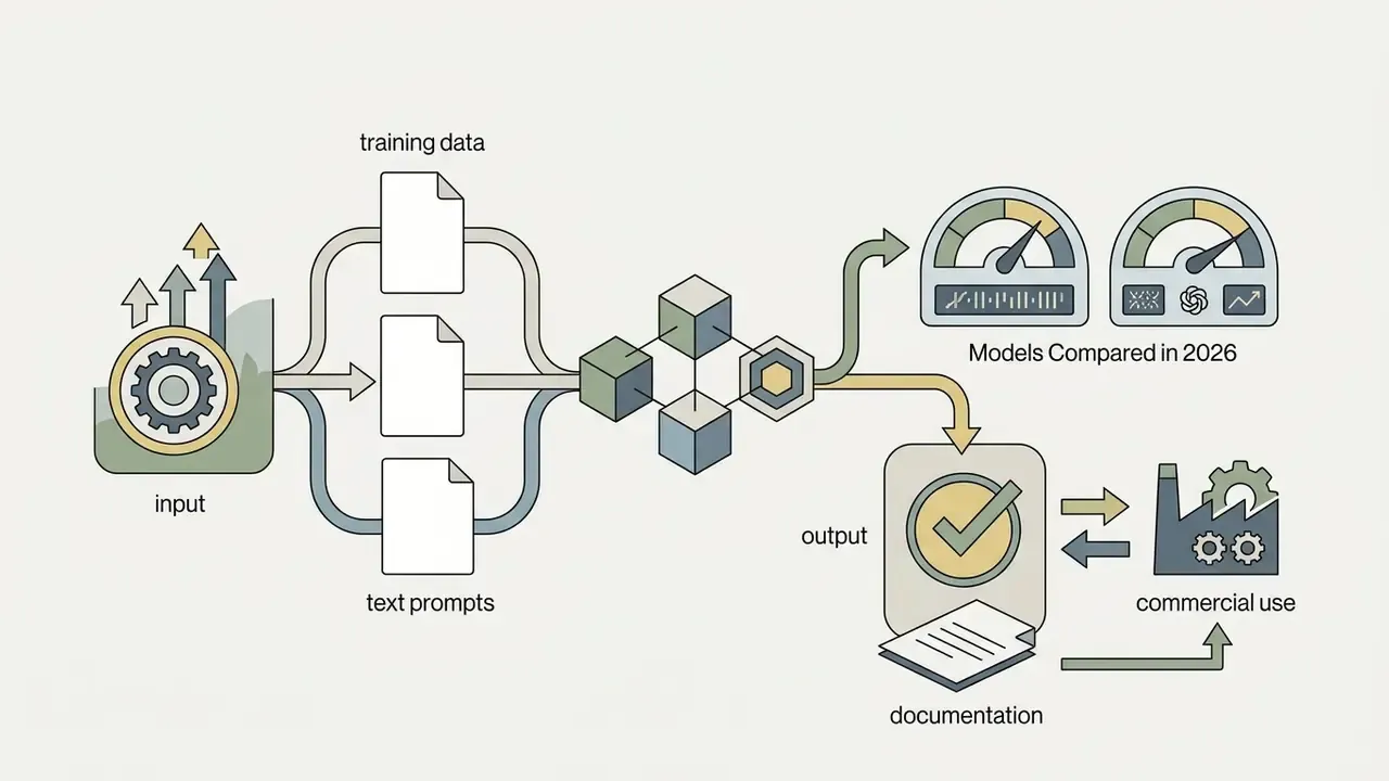 Process flow connecting input prompts and training data to model comparison gauges and commercial output