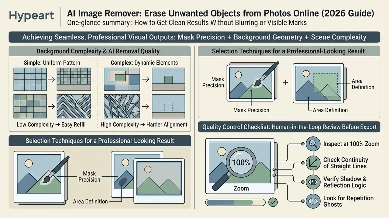 Infographic detailing how background complexity, mask precision, and manual quality checks impact editing