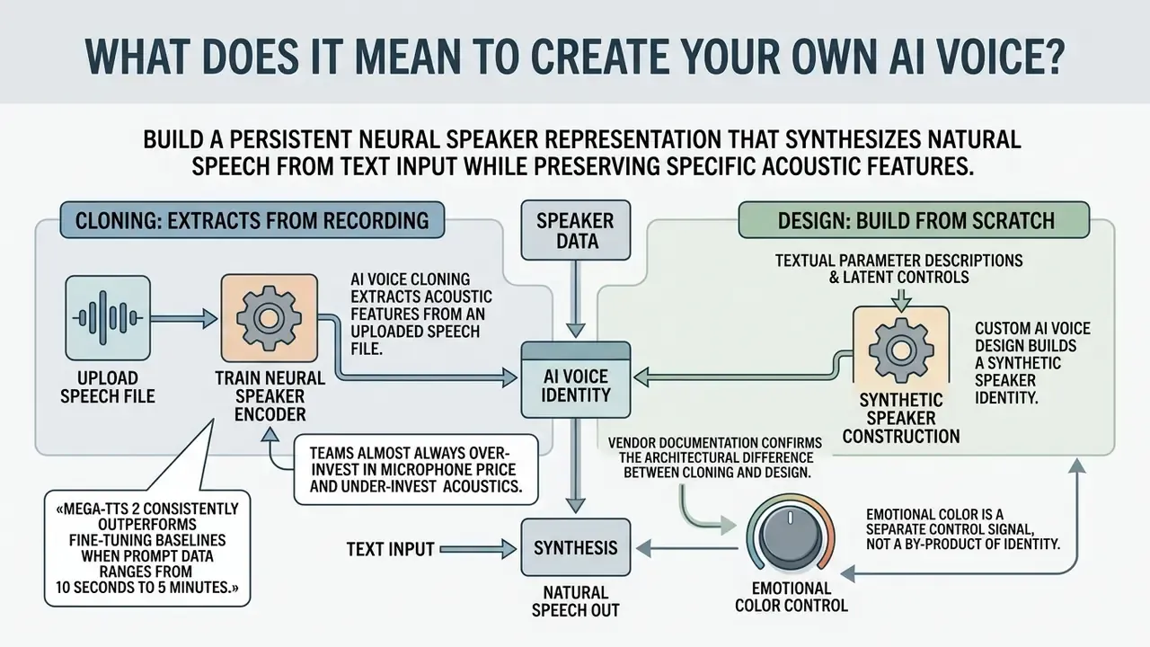 Diagram showing the two main paths to create your own AI voice through either cloning or custom design