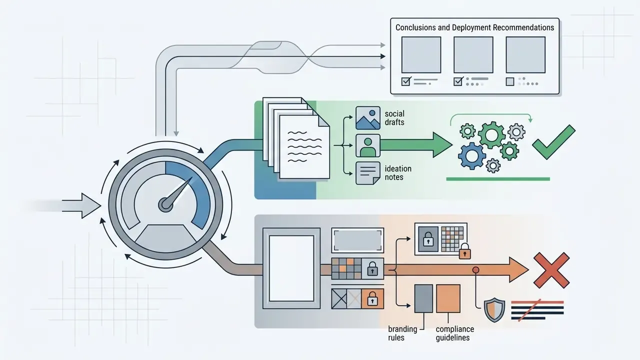 Speedometer gauge showing pathways for internal ideation versus restricted commercial use cases
