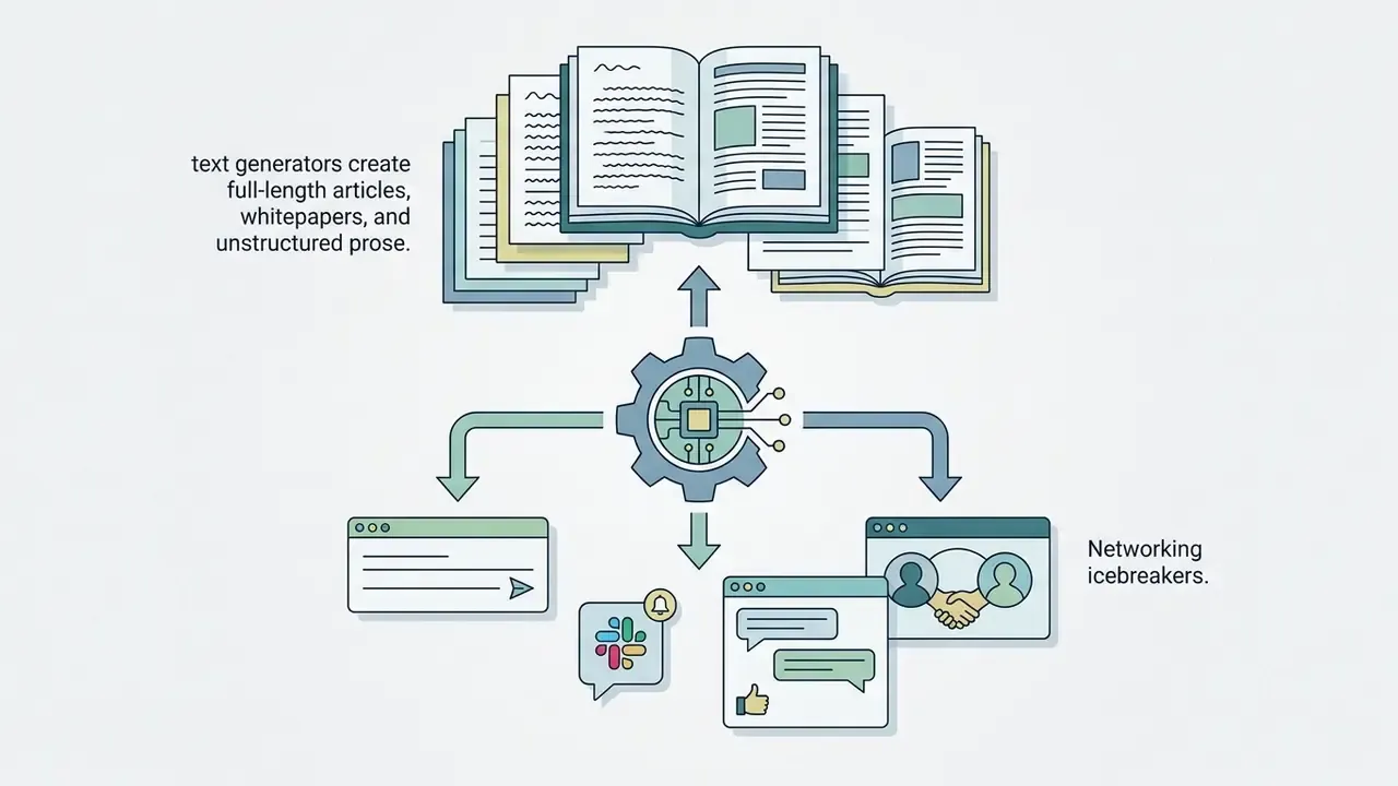 Central gear icon processing data into long-form documents or short targeted communication snippets