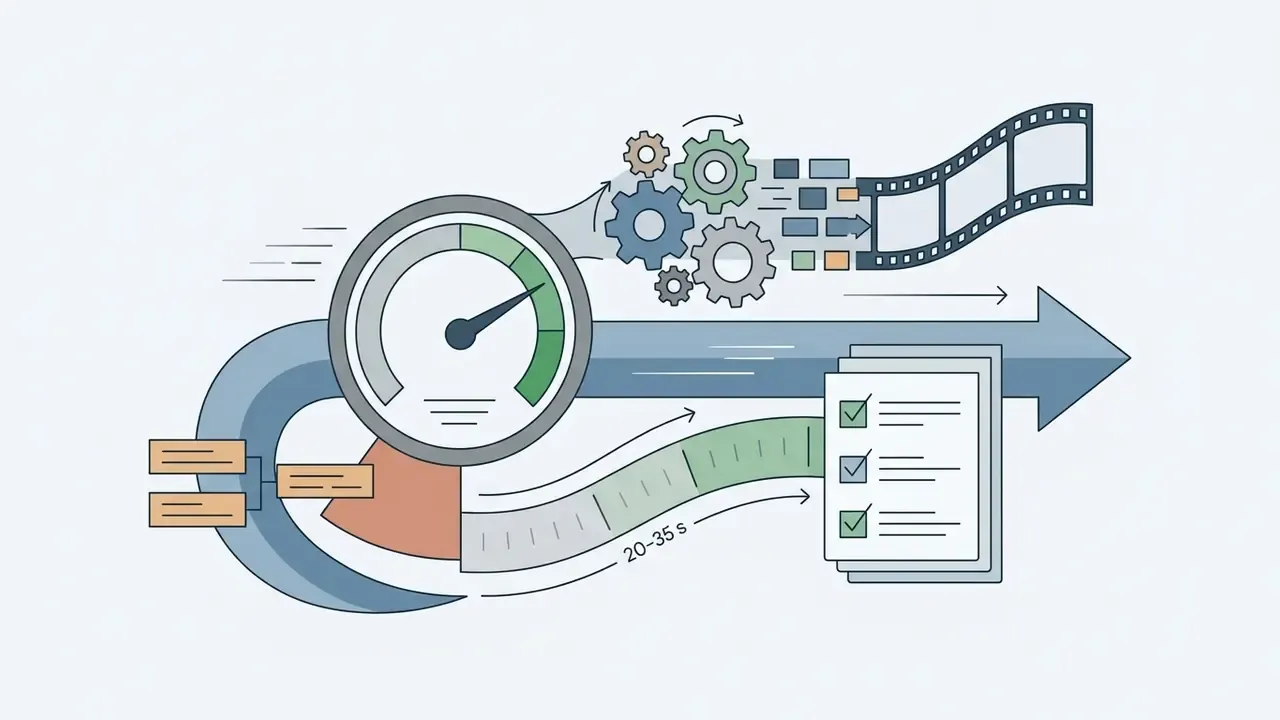 Speedometer and gear mechanisms processing data into film strips with a checklist for AI video API models