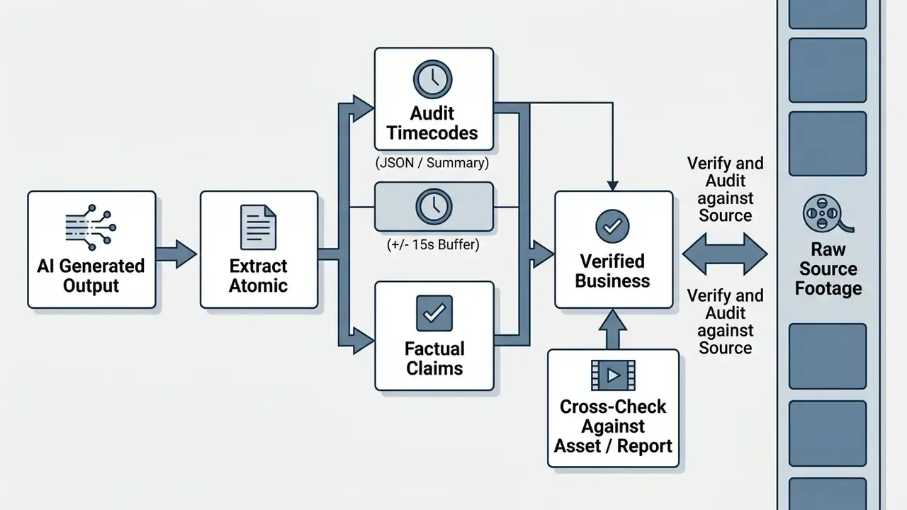 Sequence of steps for auditing AI generated content against raw source footage for verification