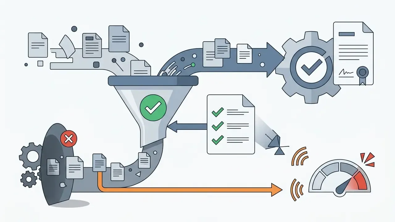 Documents moving through a funnel and gear system toward a compliance report or an alert gauge