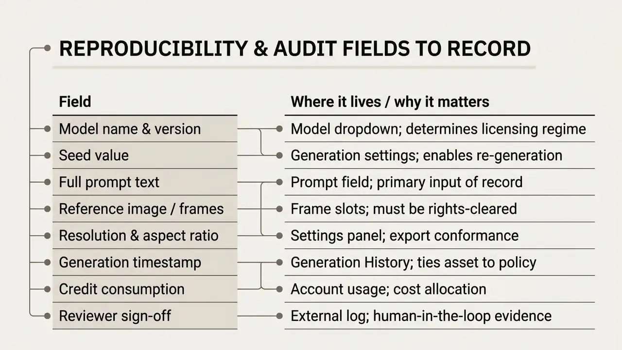 Table mapping data fields to their system location and purpose for generative media audit trails