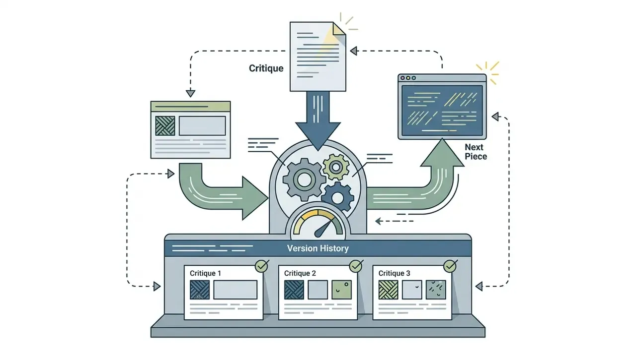 Central gear mechanism processing critique documents into version history records for new art creation