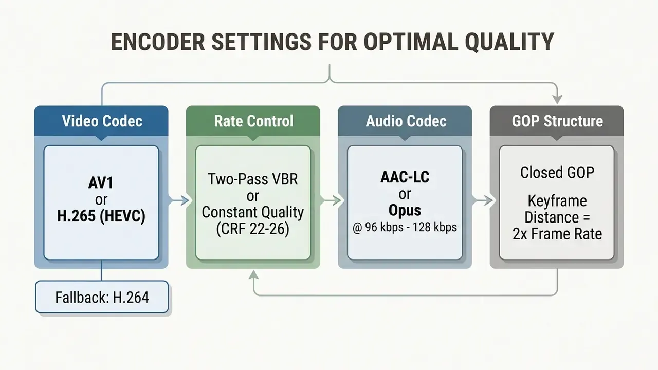 Flowchart detailing video codec, rate control, audio codec, and GOP structure settings for video encoding