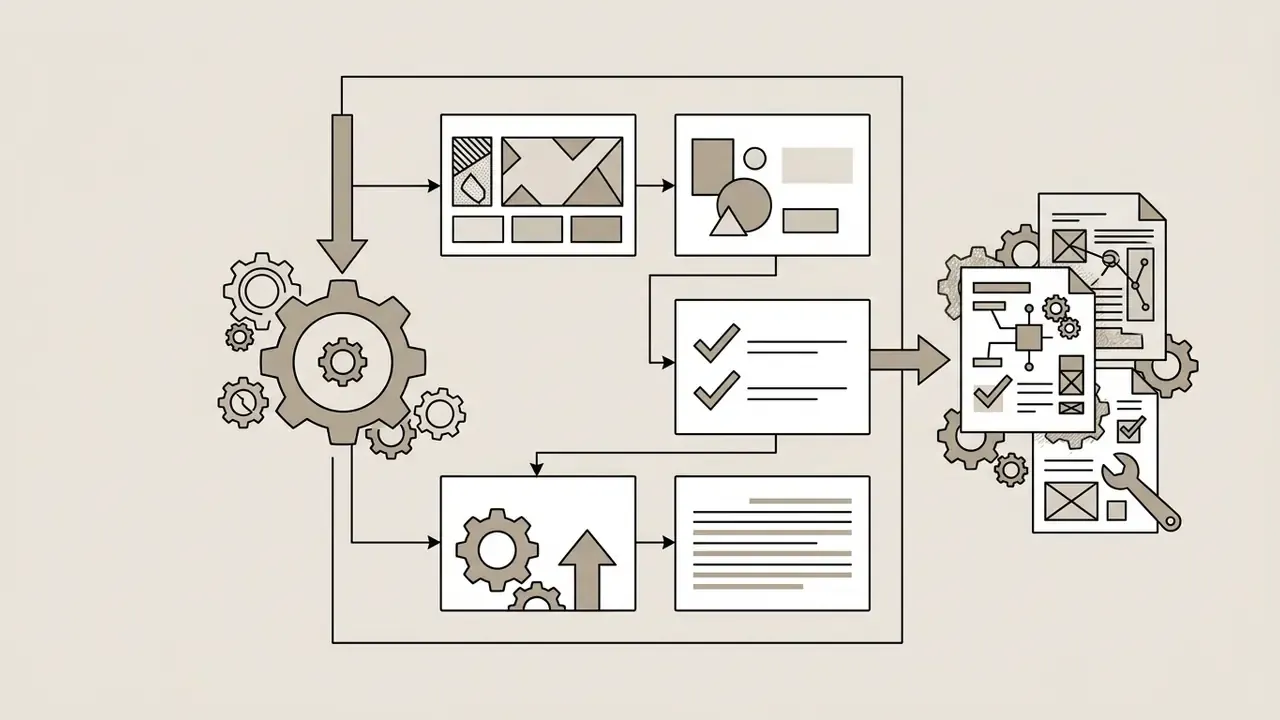 System of gears and boxes illustrating how to create a website with AI through automated page assembly