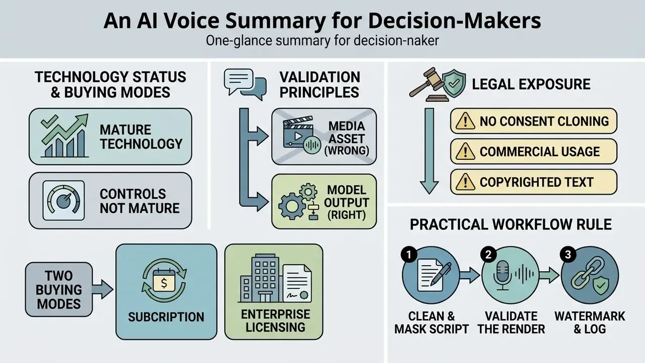 Infographic outlining key considerations for AI voice generator adoption including legal and workflow risks