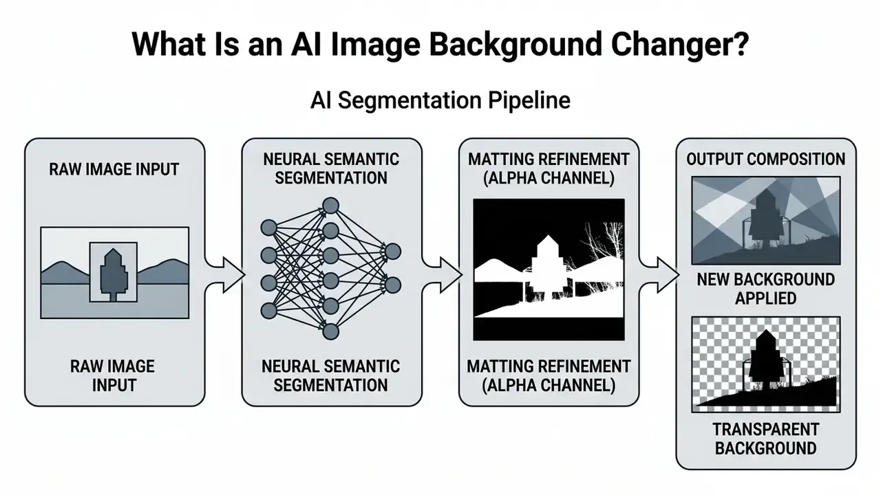 Flowchart showing an AI segmentation pipeline from raw input to matting refinement and final composition