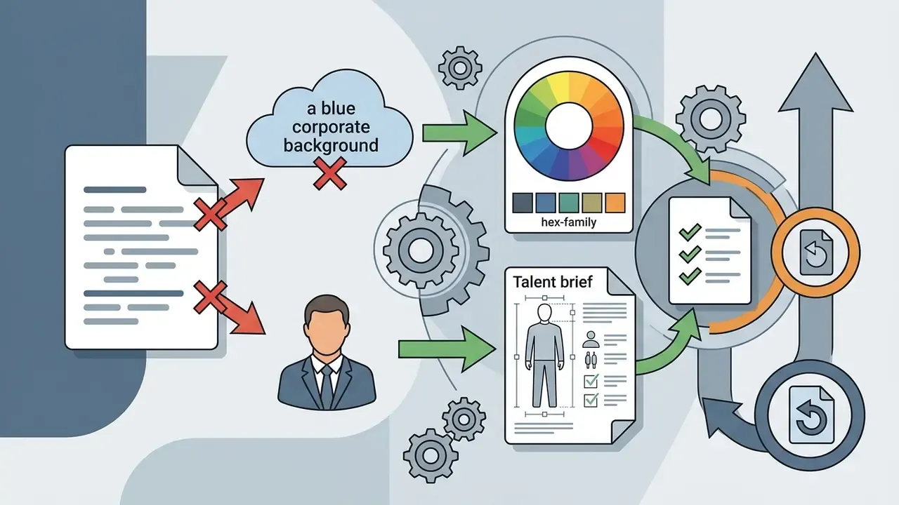Document tags being replaced by specific color palettes and talent briefs through a gear-driven process