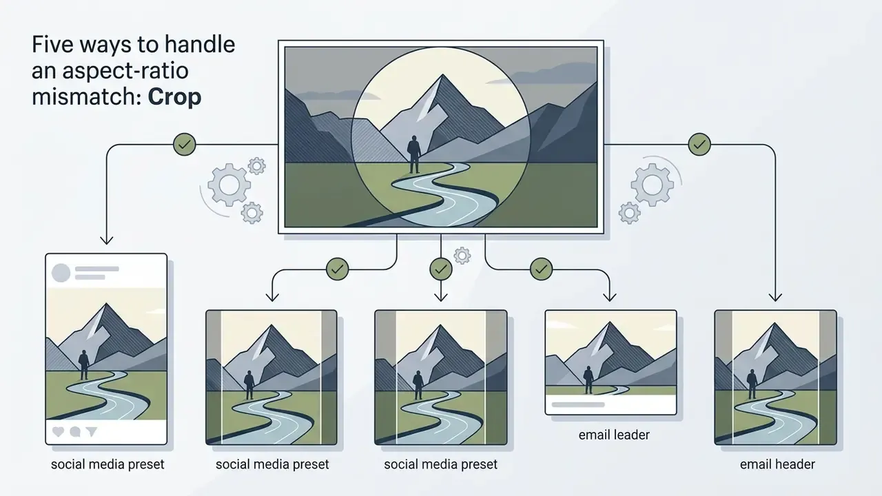 Diagram showing a central mountain landscape image being cropped to fit various social media formats