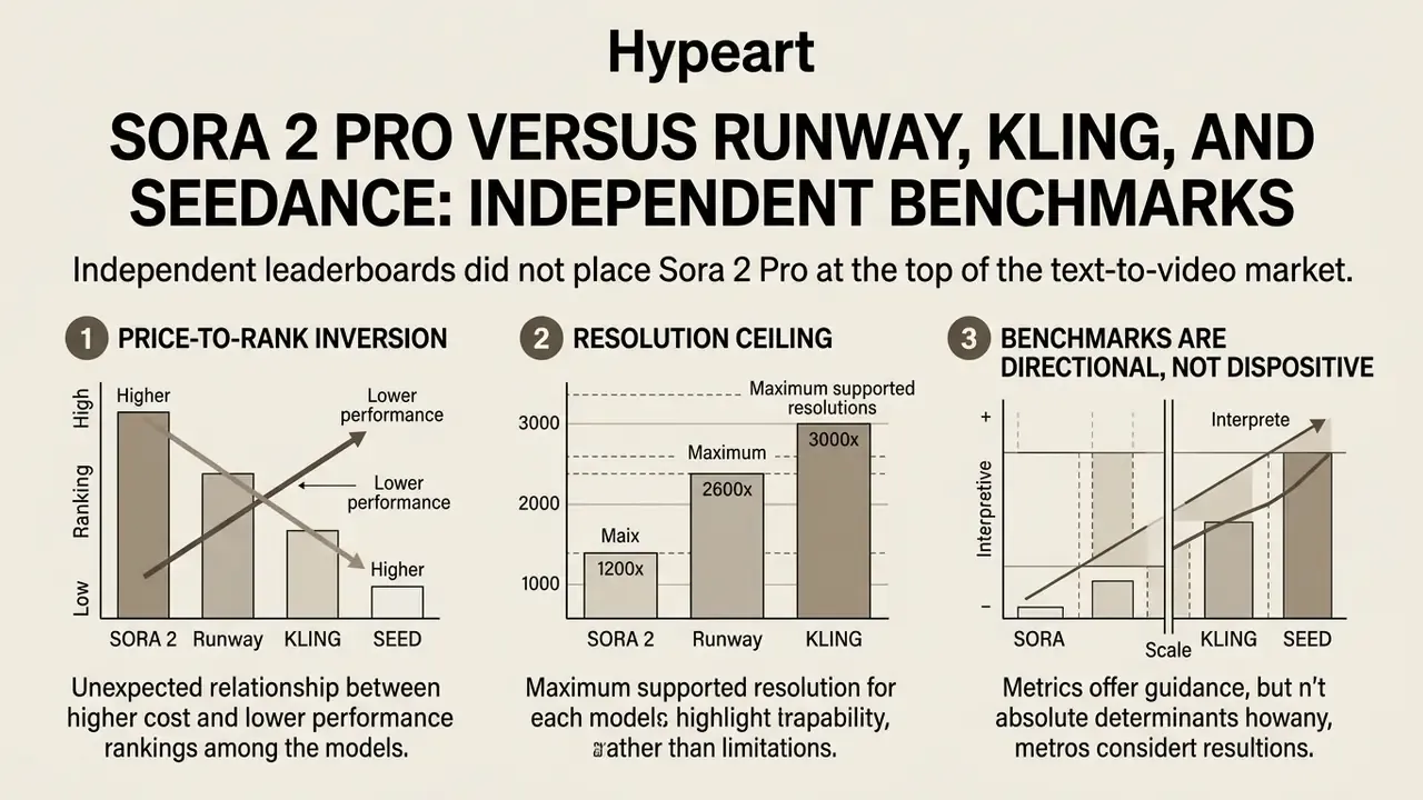 Charts comparing Sora 2 Pro performance, resolution, and benchmark interpretation against competitors