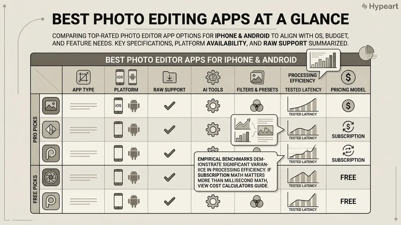 Comparative table displaying features and processing efficiency for various mobile photo editing apps