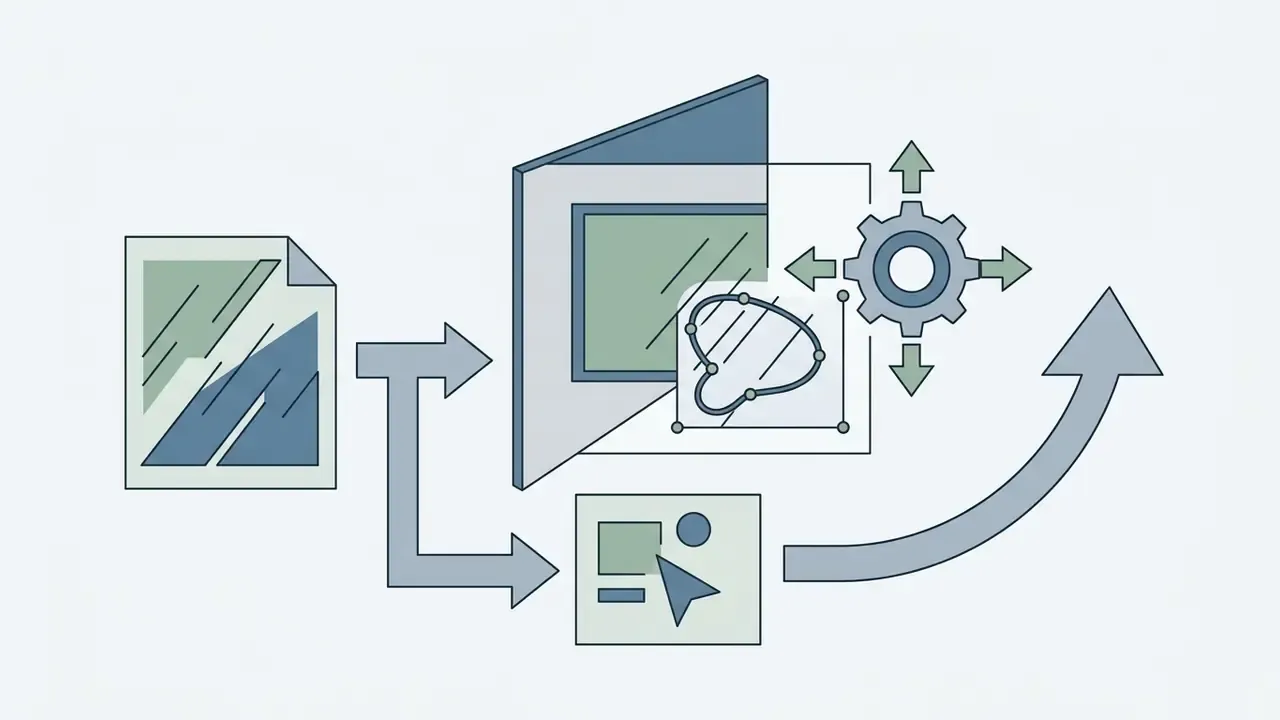 Document icon flowing into a mask editing tool with a gear and directional arrows for motion control
