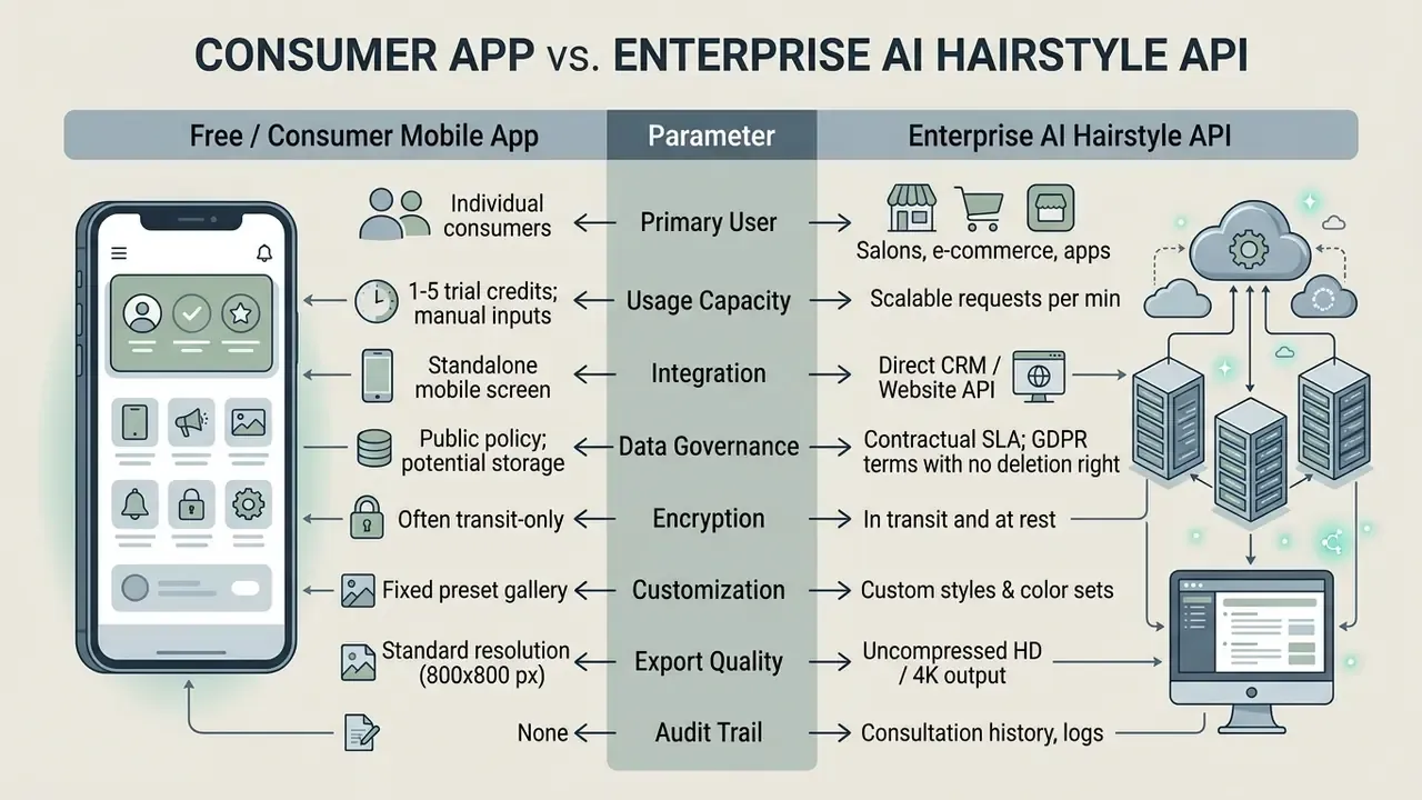 Comparison table contrasting features of consumer mobile applications with enterprise AI hairstyle APIs