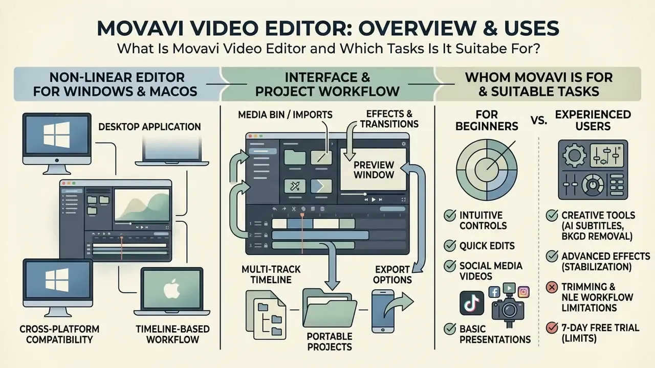 Infographic showing Movavi Video Editor features, interface layout, and target user capabilities