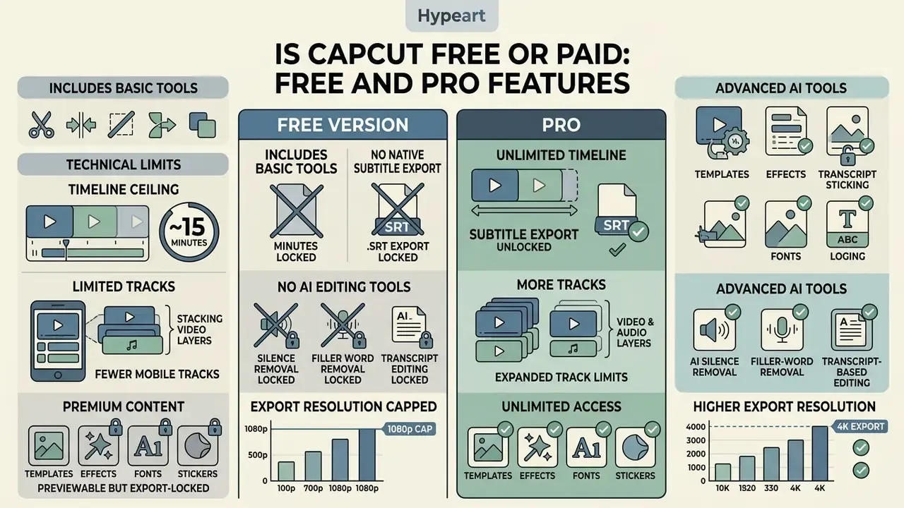 Comparison chart showing limitations of the free version versus unlocked features in the Pro subscription