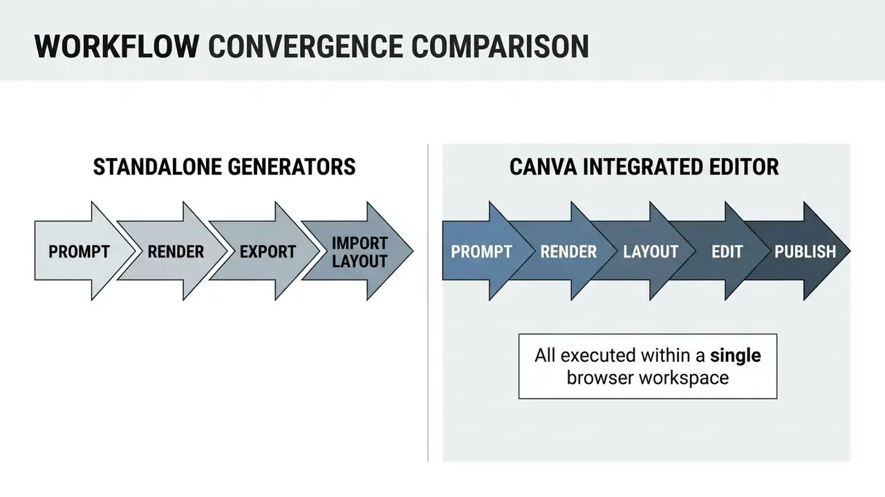Comparison flowchart showing sequential workflow steps for standalone AI generators versus Canva