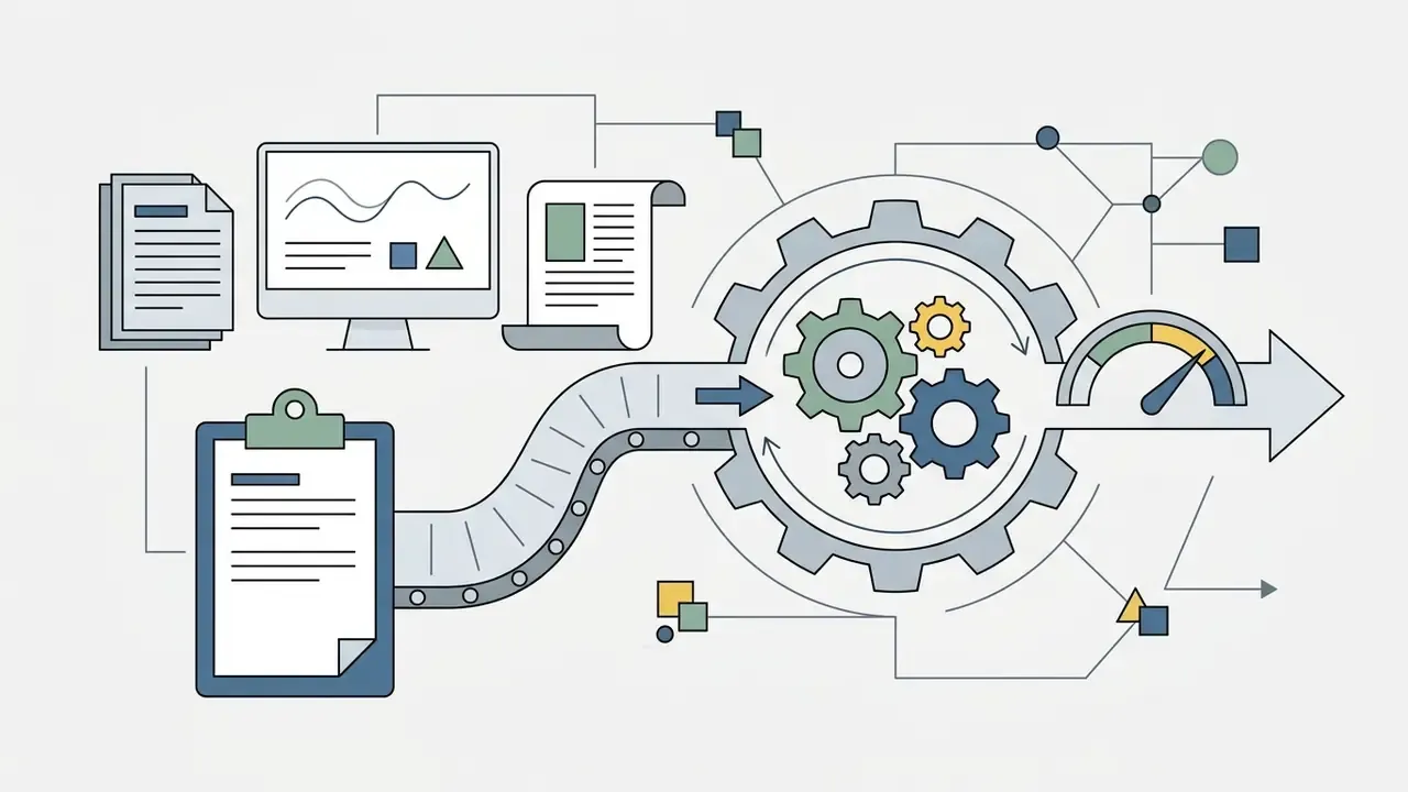 Documents and digital files moving along a conveyor belt into a gear system for automated processing