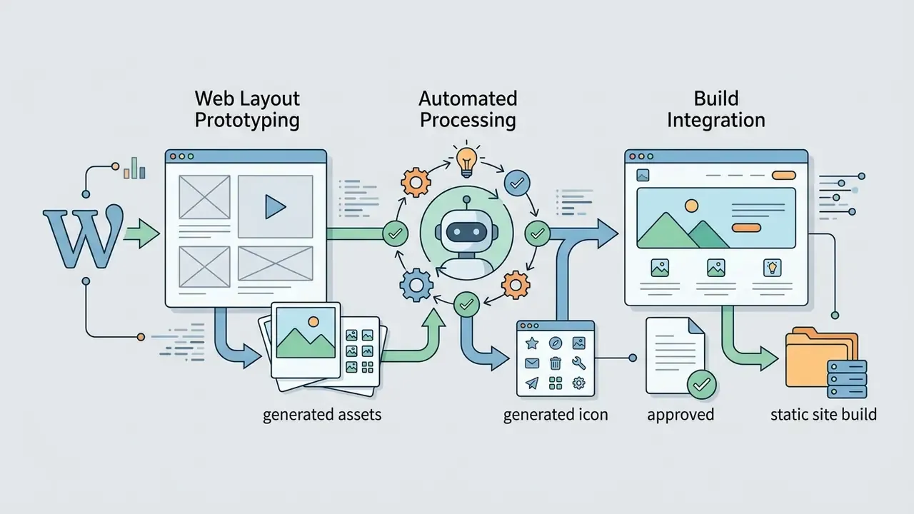 Process showing web layout prototyping moving through automated AI processing to final static site build