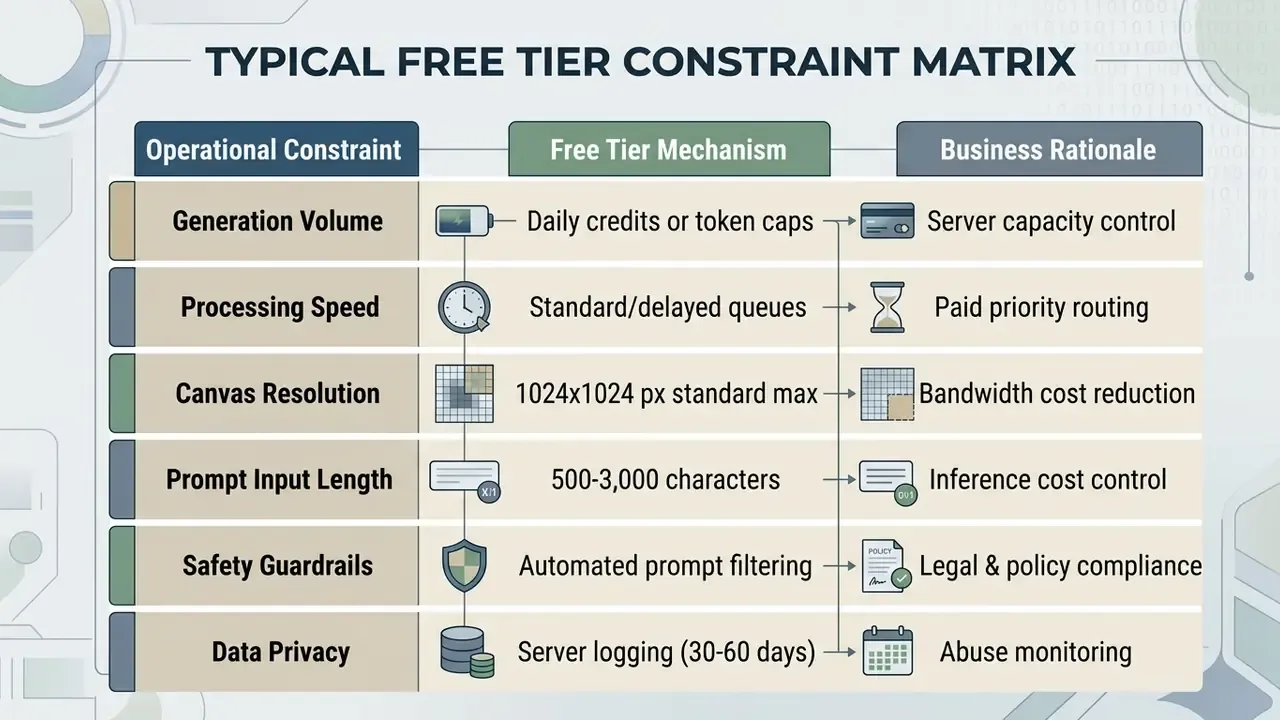 Table comparing operational constraints, free tier mechanisms, and business rationales for AI tools
