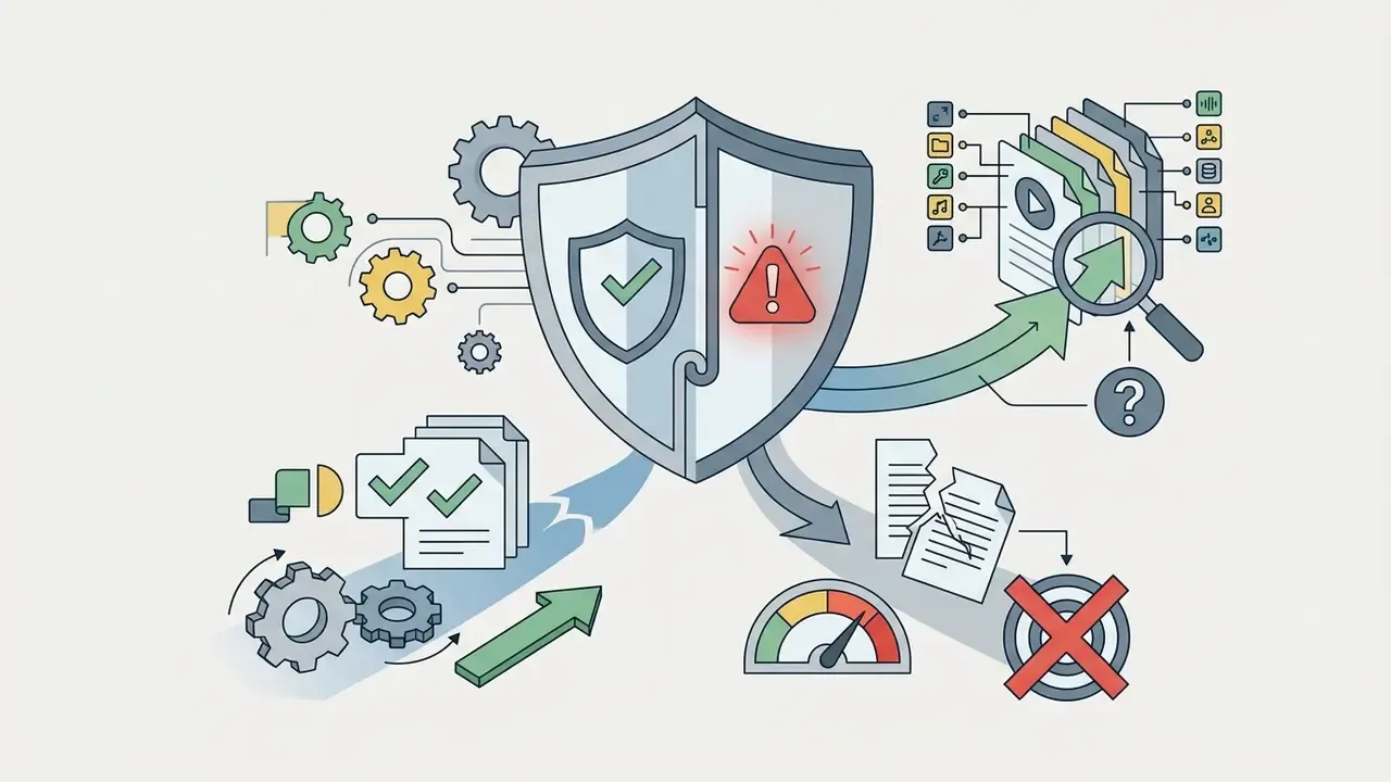 Split shield icon contrasting compliant documentation with legal warning signs and risk assessment tools