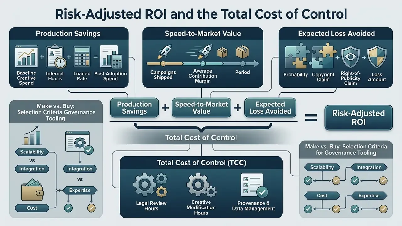 Mathematical formula showing how production savings, speed-to-market value, and loss avoidance determine ROI