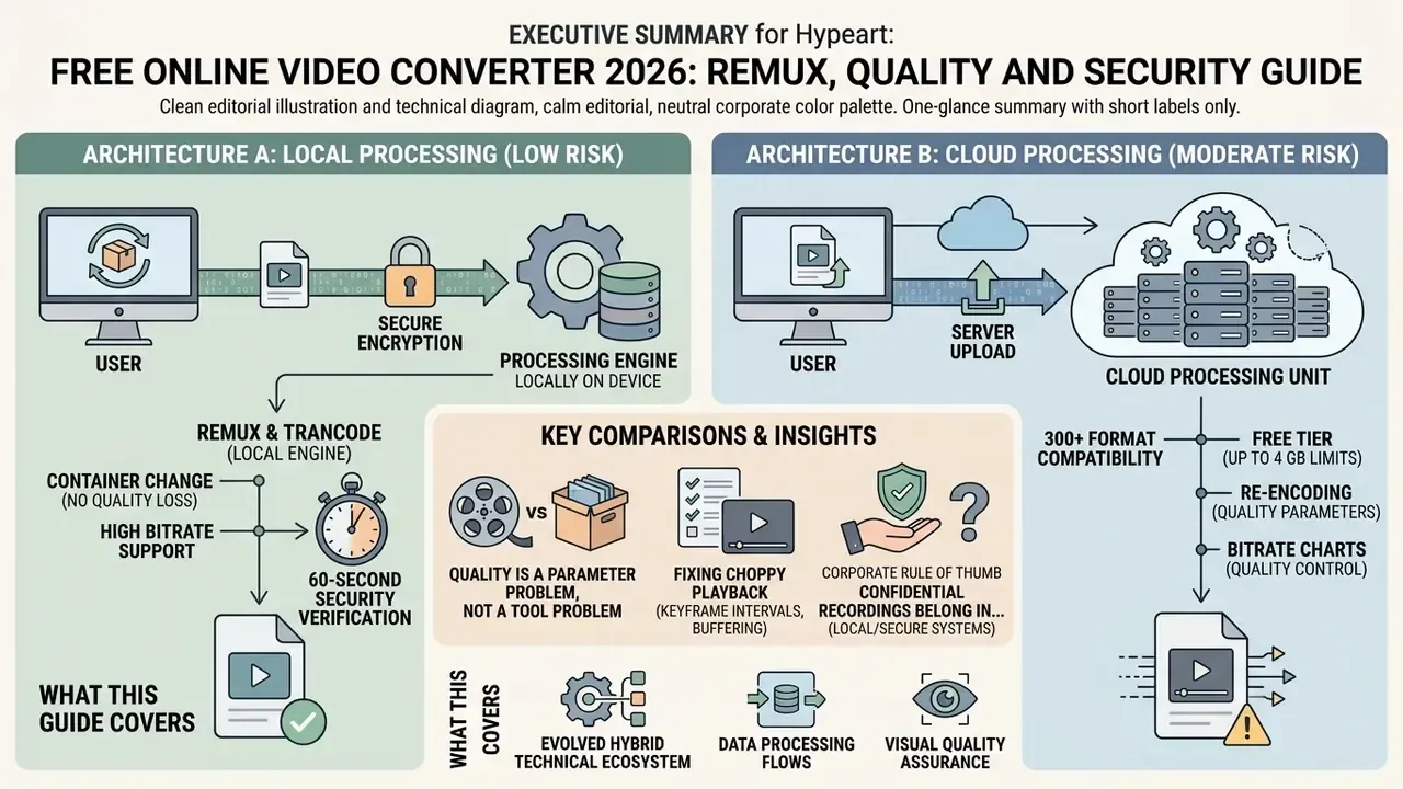Comparison diagram showing local versus cloud processing architectures for a free online video converter
