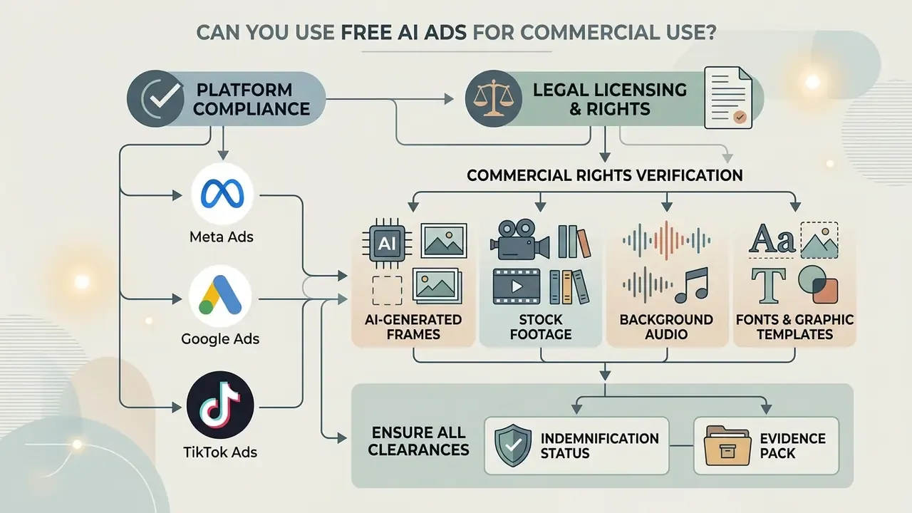 Flowchart showing legal and compliance checks for using AI-generated assets in paid advertising campaigns