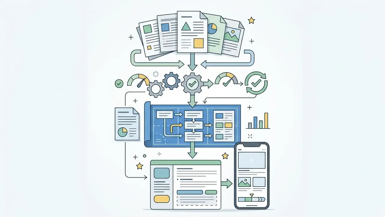 Reports feeding into a gear system linked to a blueprint, a web interface, and a mobile device