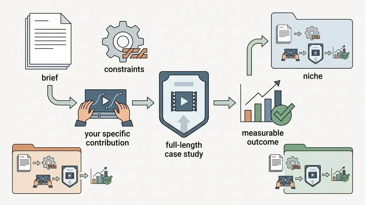 Icons representing project briefs, constraints, and contributions leading to a case study and outcomes